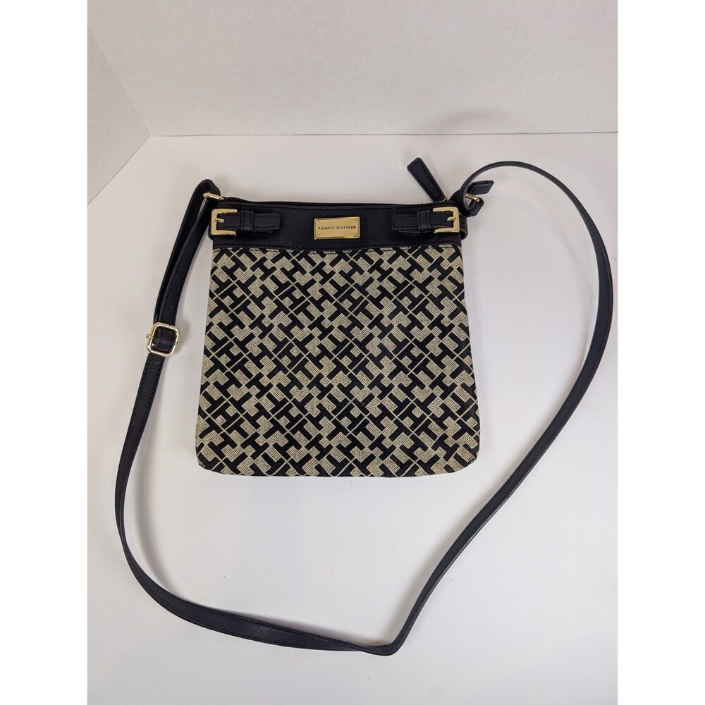 Tommy Hilfiger Black & Beige Crossbody Purse With Geometric Pattern